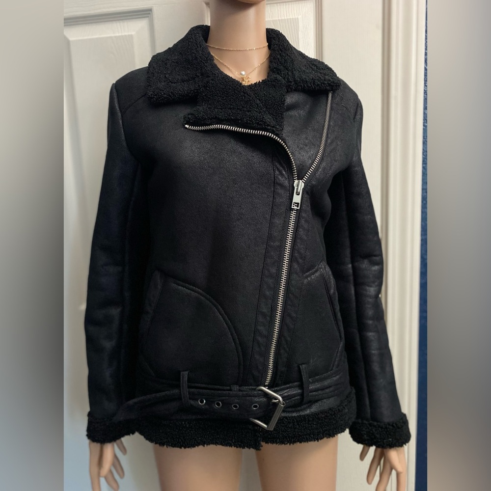 American Eagle Outfitters Black Leather Jacket with Asymmetrical Zipper